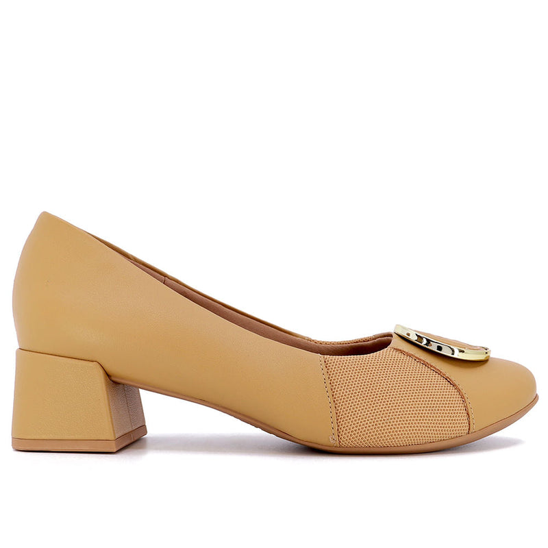 Scarpin Marrom Salto Bloco Couro Monograma