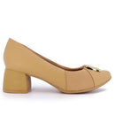 Scarpin Marrom Salto Bloco Couro Detalhe Tecido
