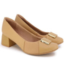 Scarpin Marrom Salto Bloco Couro Detalhe Tecido