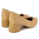 Scarpin Marrom Salto Bloco Couro Detalhe Tecido