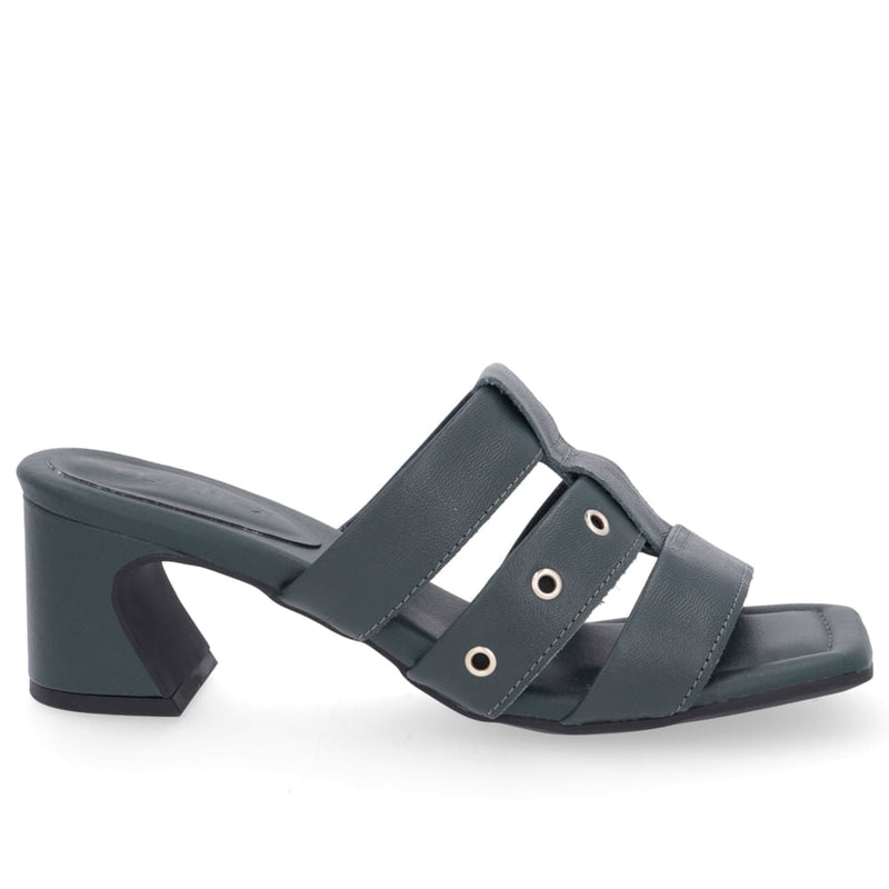 Tamanco Salto Geométrico Couro Verde Tiras