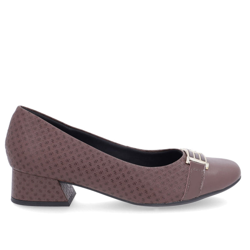 Scarpin Marrom Salto Bloco Couro Lateral Tecido