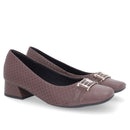 Scarpin Marrom Salto Bloco Couro Lateral Tecido
