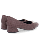 Scarpin Marrom Salto Bloco Couro Lateral Tecido