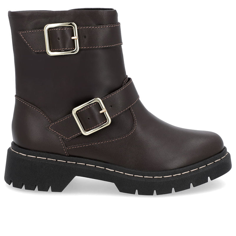 Bota Salto Plataforma Marrom Couro Duas Fivelas