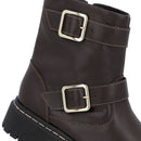 Bota Salto Plataforma Marrom Couro Duas Fivelas